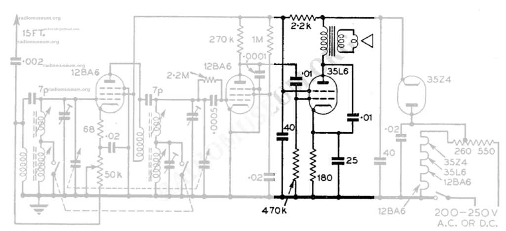 Circuit diagram of the AF amplifier in the Portadyne Universal radio.