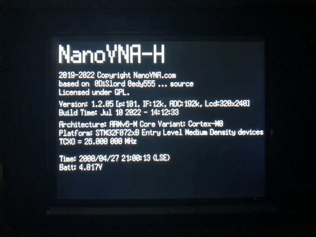 NanoVNA-H firmware version information.