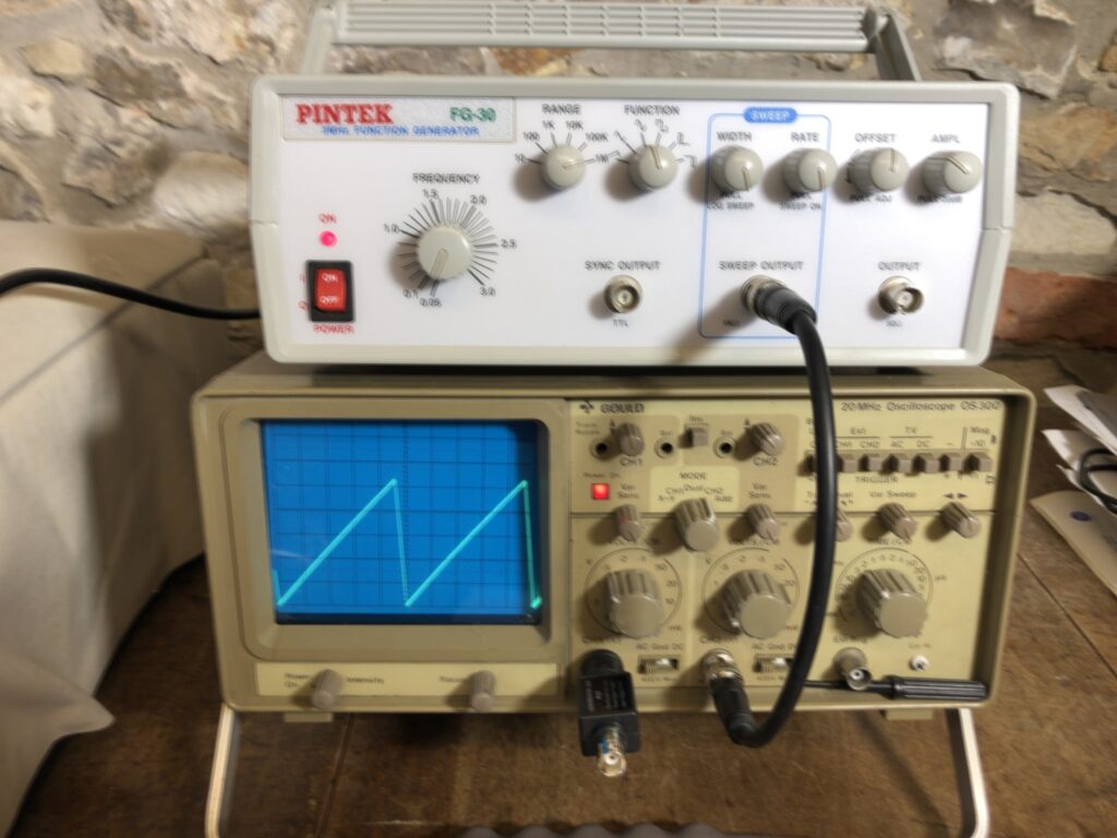 Connecting the sweep output of the function generator to the oscilloscope.
