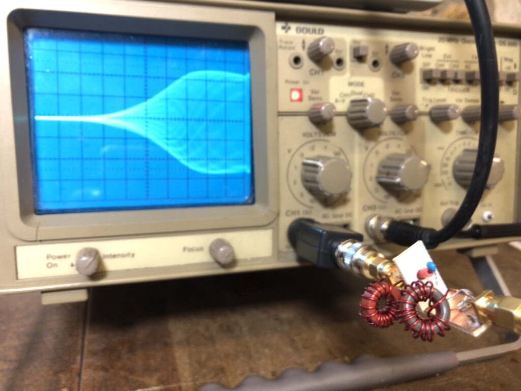 Filter under test with frequency response shown in the background.