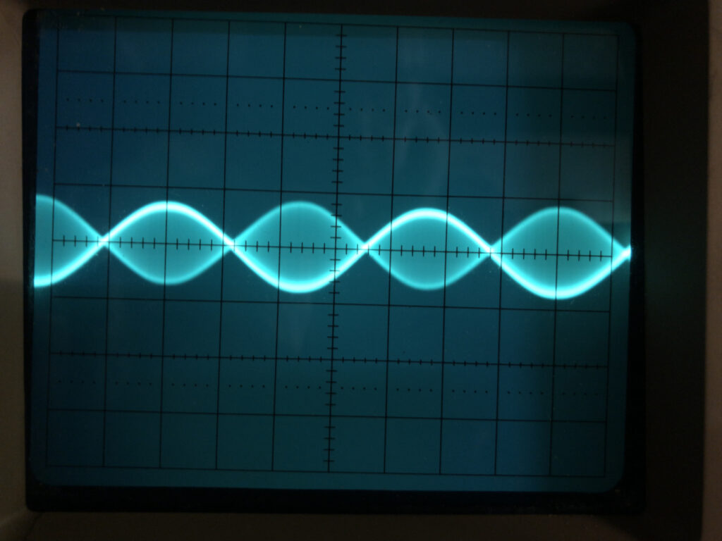 Oscilloscope trace showing the modulated double sideband signal from the diode ring double balanced mixer.