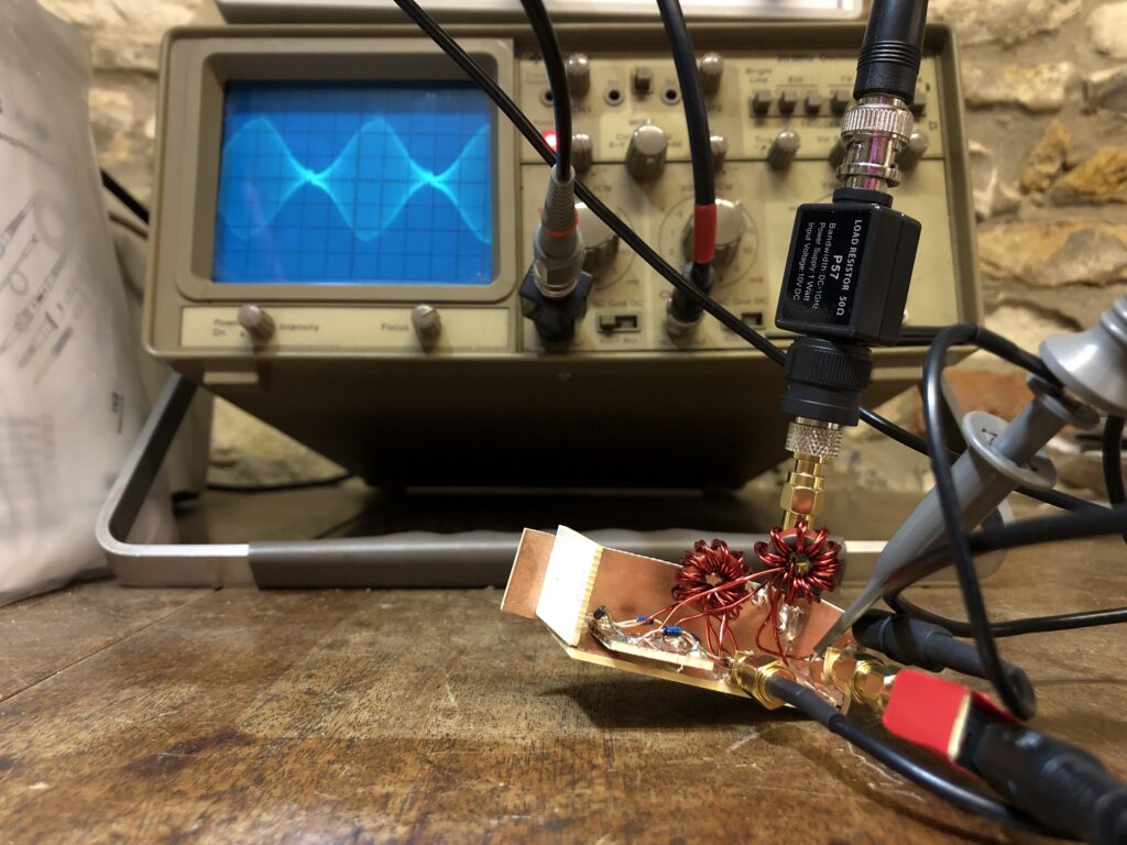 Home brew diode ring double balanced mixer under test.